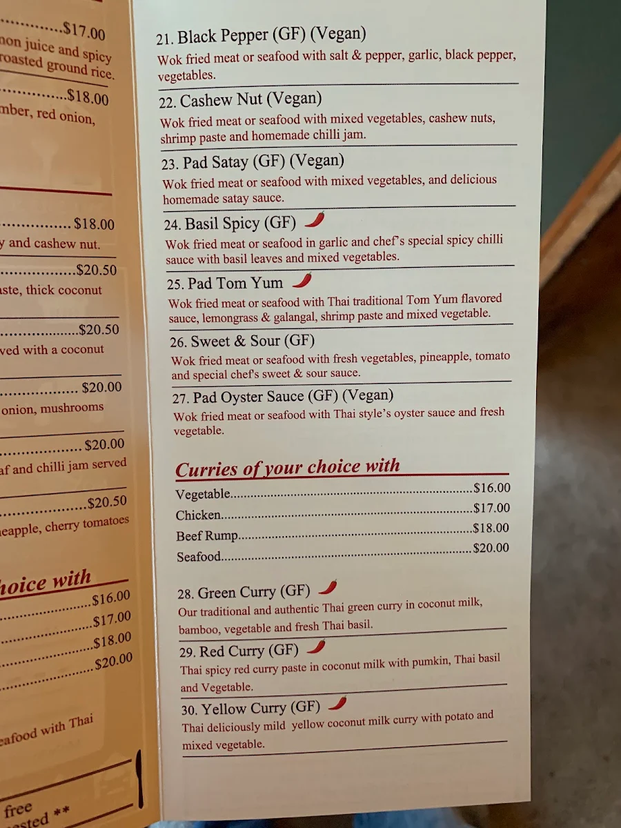 Menu, Little Thai Princess