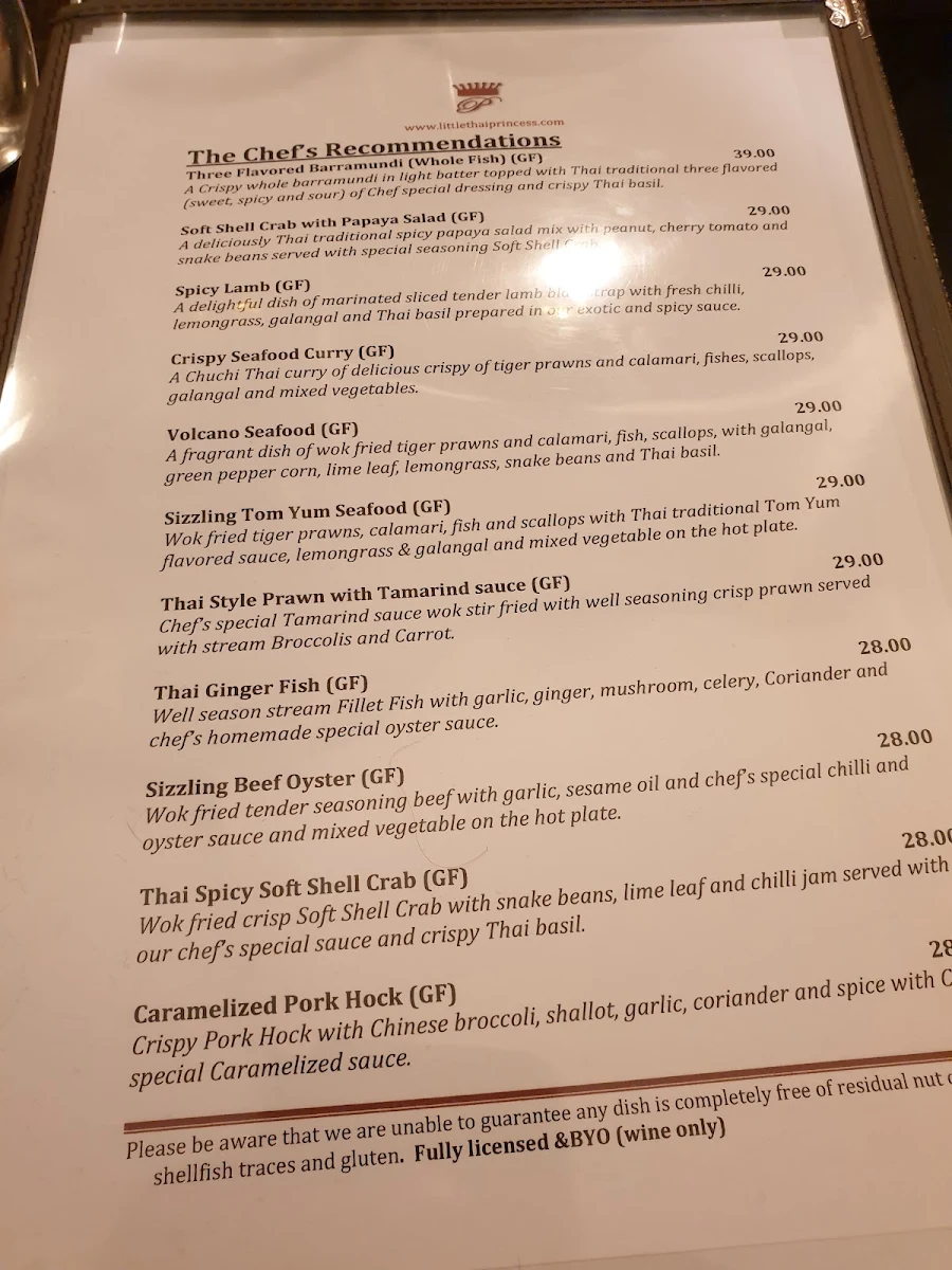 Menu, Little Thai Princess