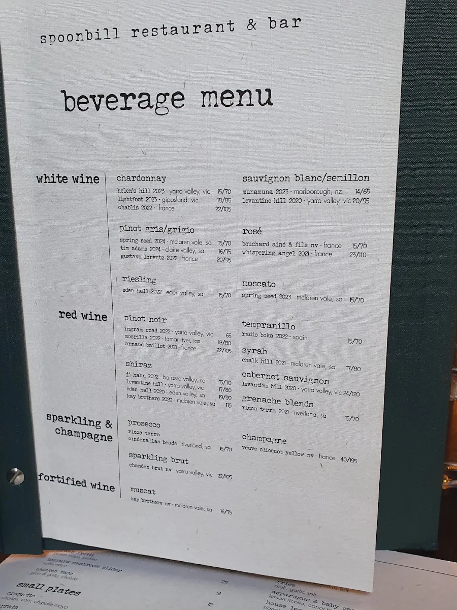 Menu, Spoonbill Restaurant and Bar