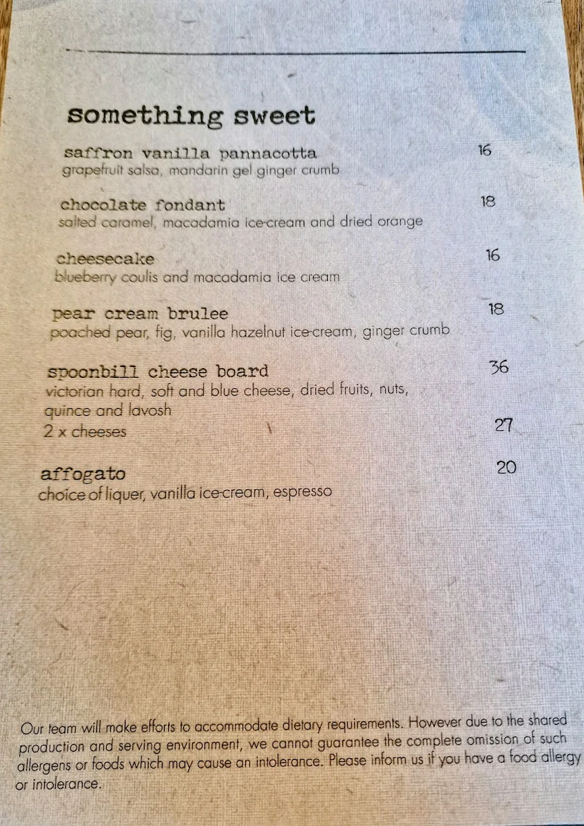 Menu, Spoonbill Restaurant and Bar