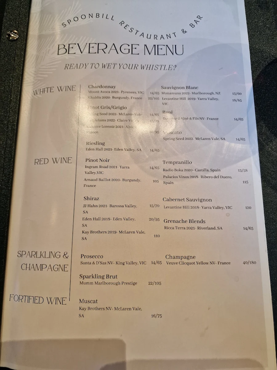 Menu, Spoonbill Restaurant and Bar