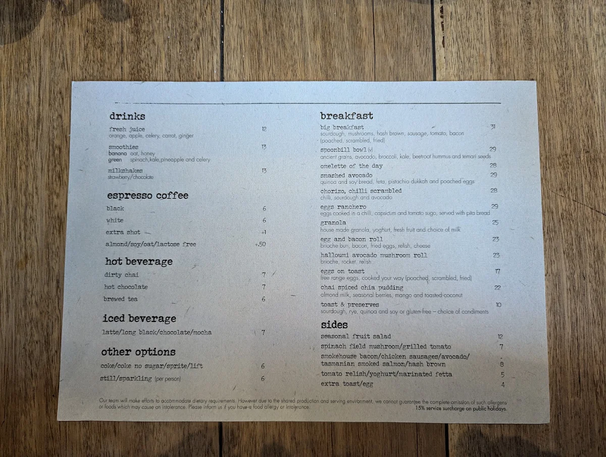 Menu, Spoonbill Restaurant and Bar