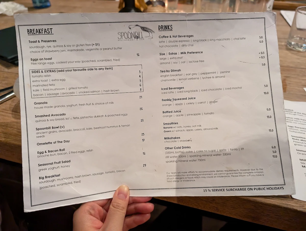 Menu, Spoonbill Restaurant and Bar