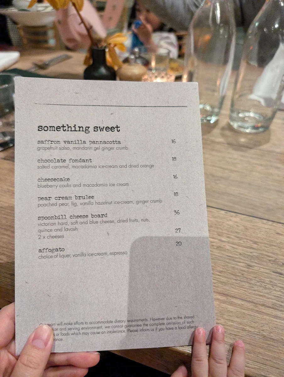Menu, Spoonbill Restaurant and Bar