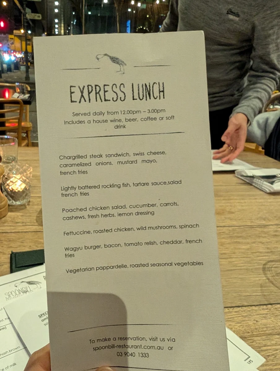 Menu, Spoonbill Restaurant and Bar
