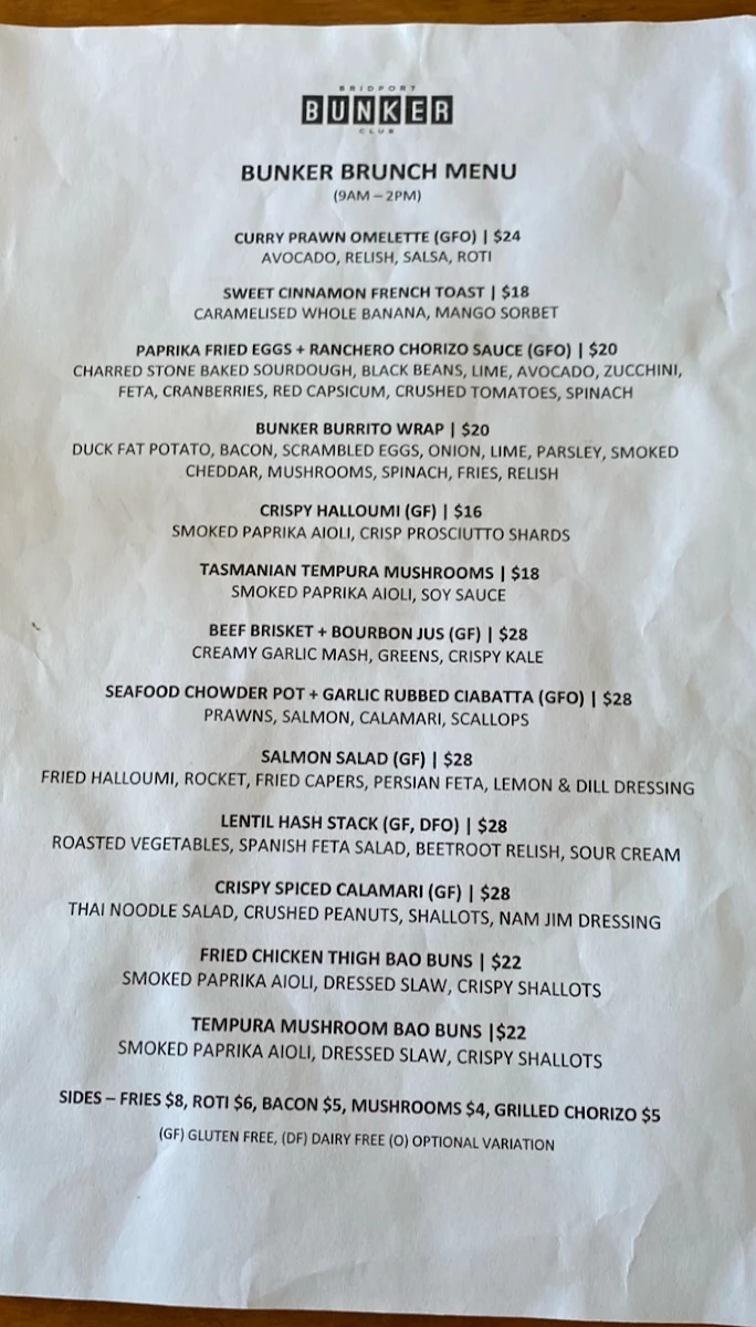 Menu, The Bridport Bunker Club