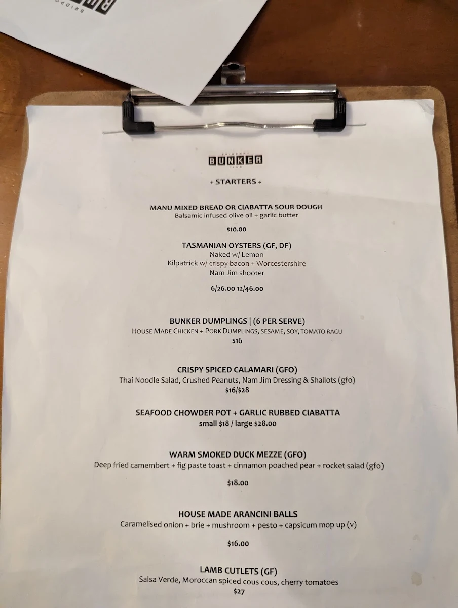 Menu, The Bridport Bunker Club