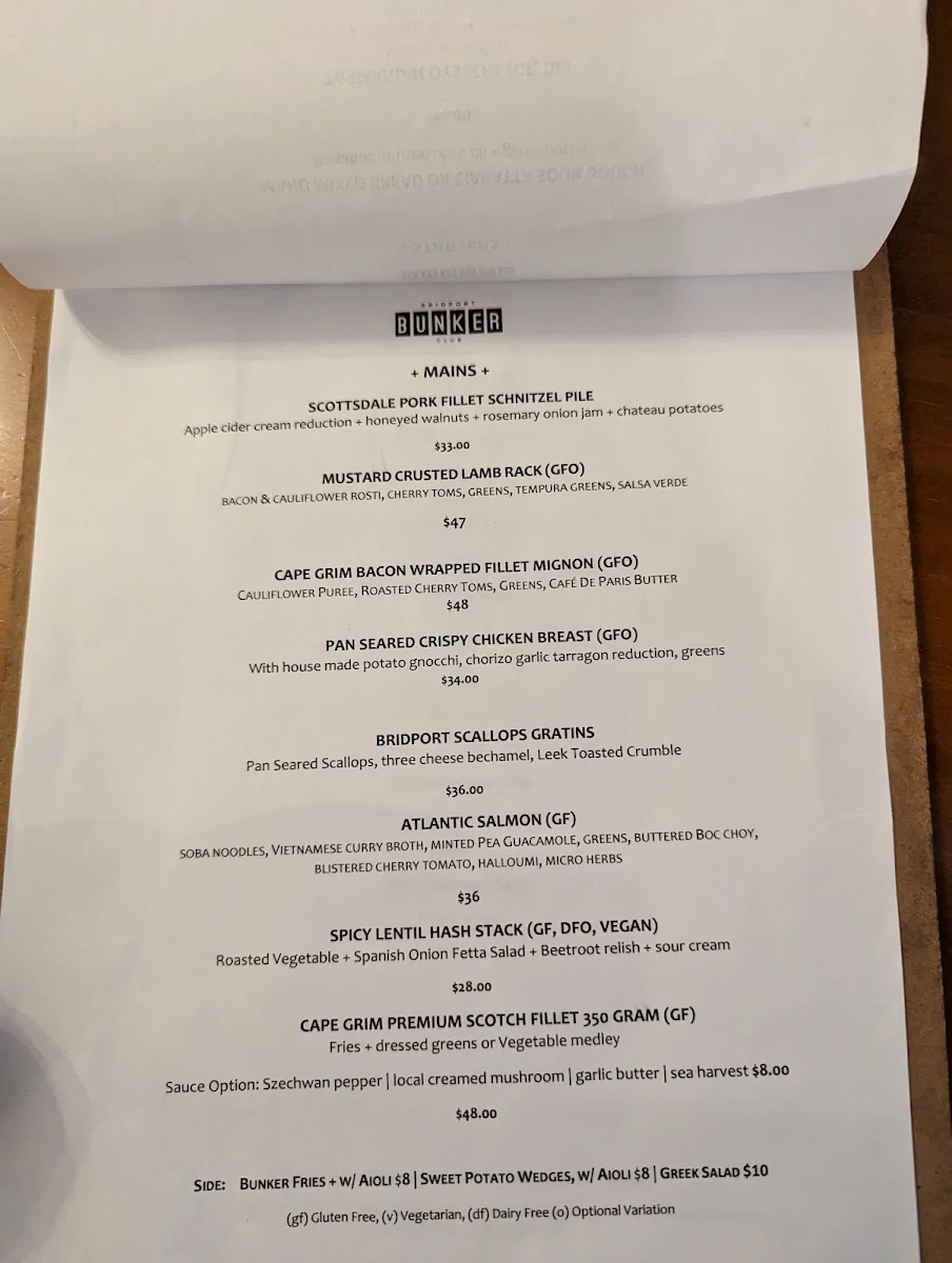 Menu, The Bridport Bunker Club