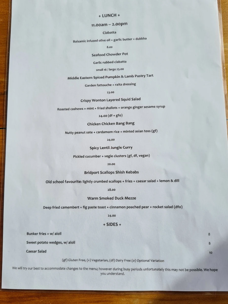 Menu, The Bridport Bunker Club