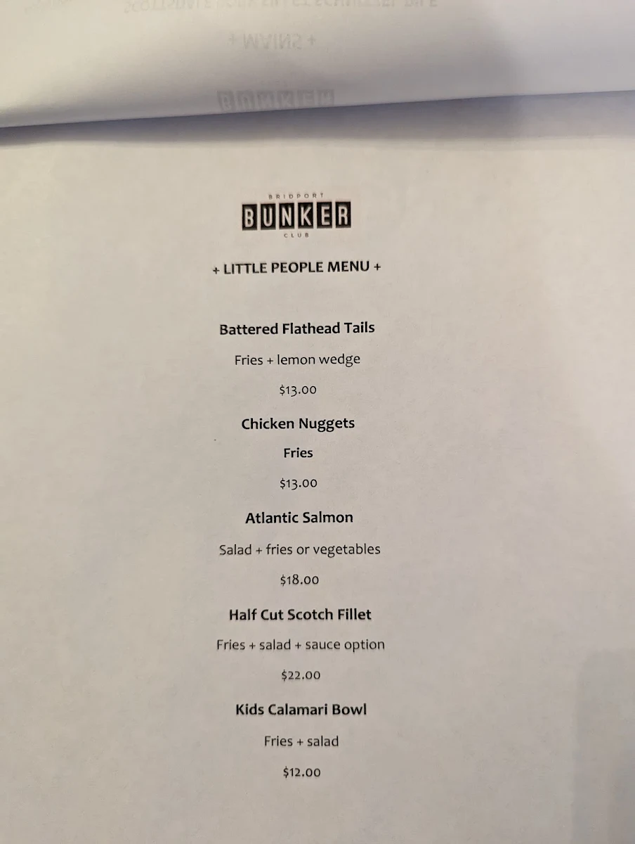 Menu, The Bridport Bunker Club