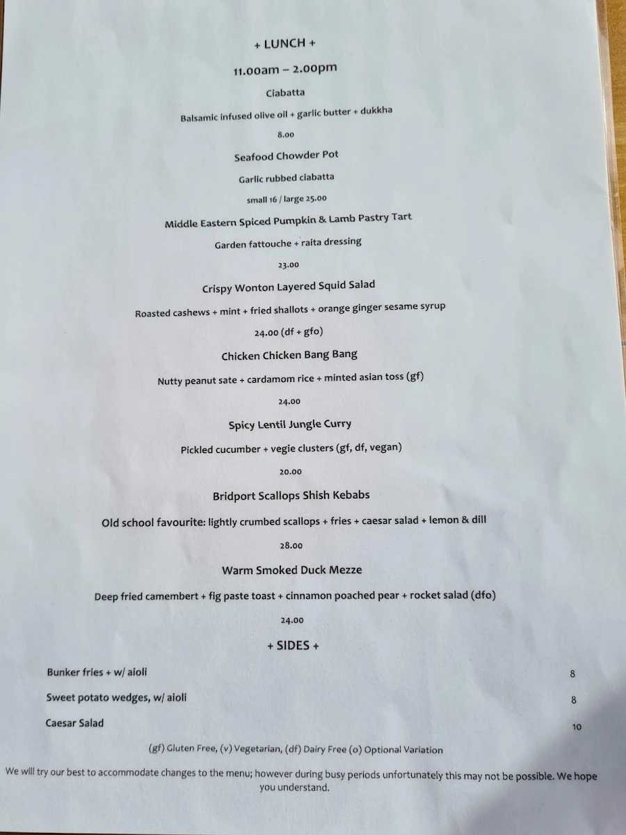 Menu, The Bridport Bunker Club