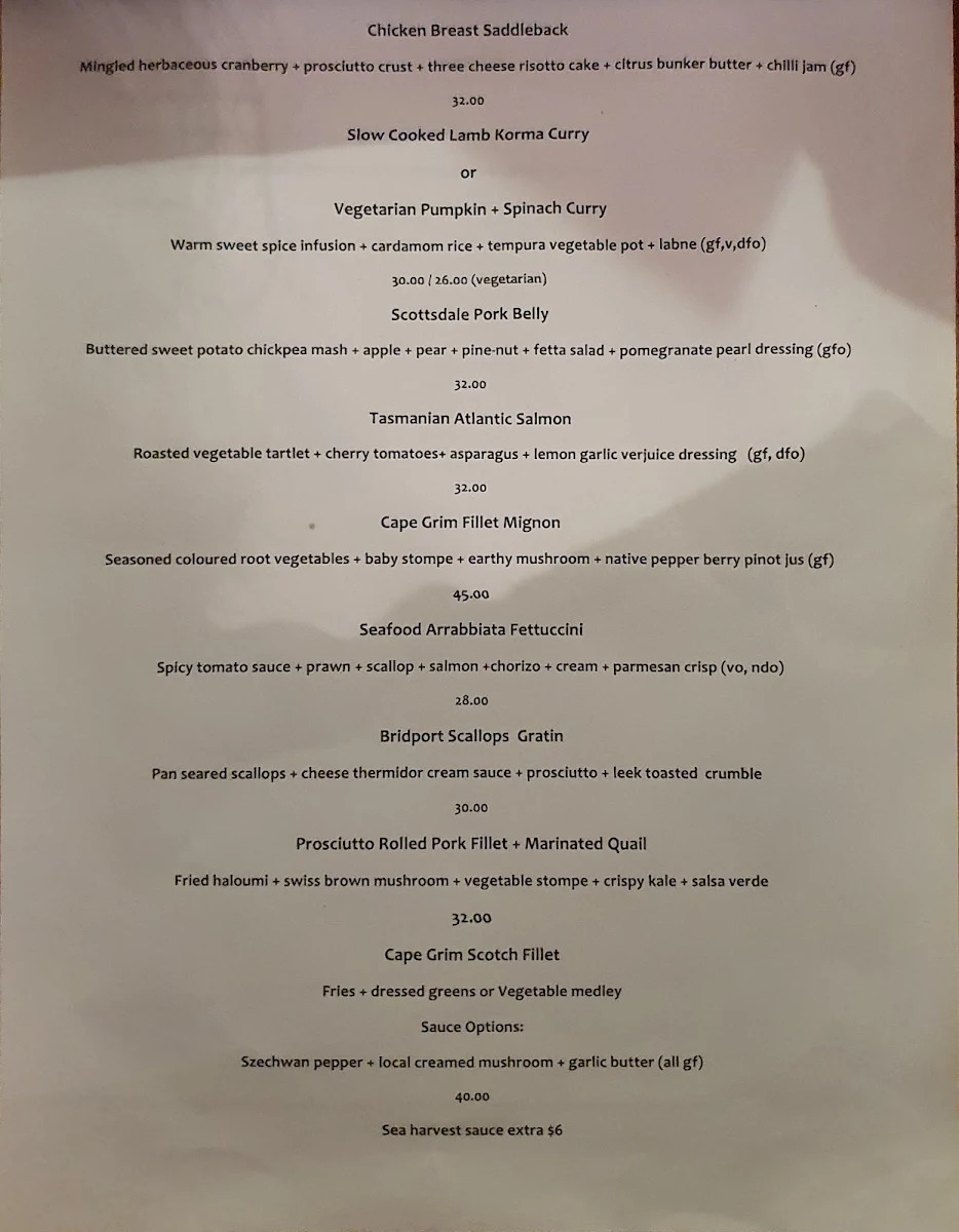 Menu, The Bridport Bunker Club