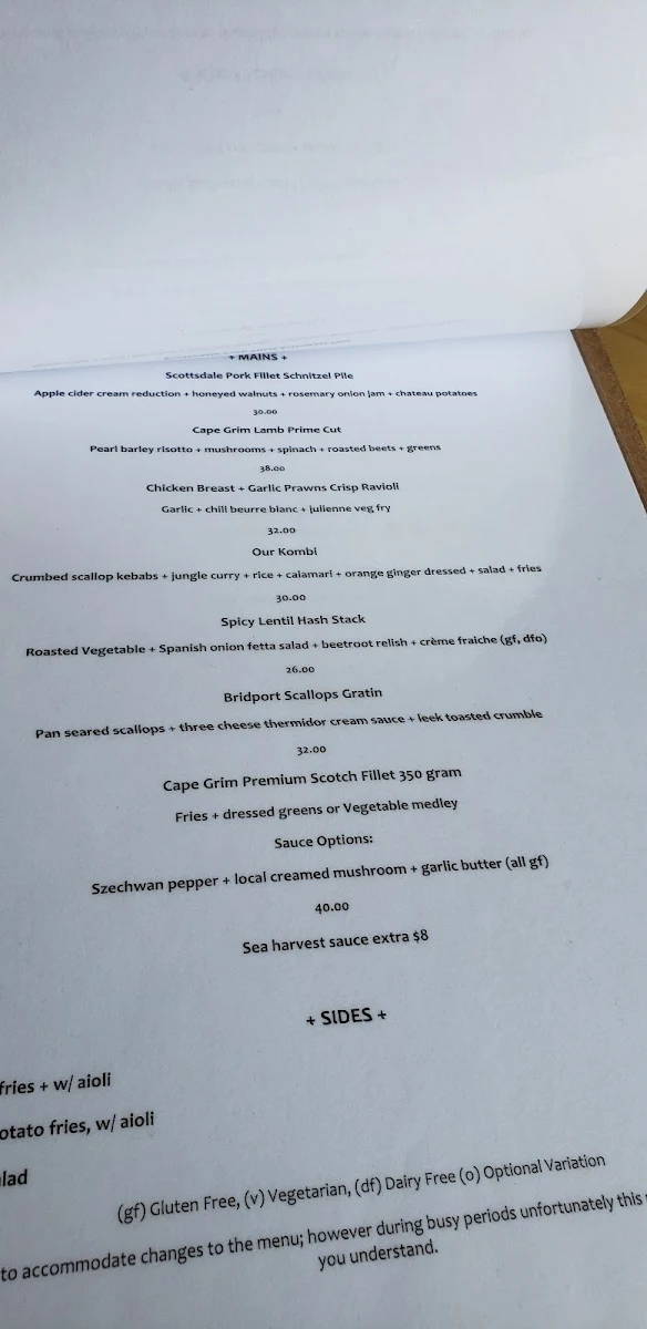Menu, The Bridport Bunker Club