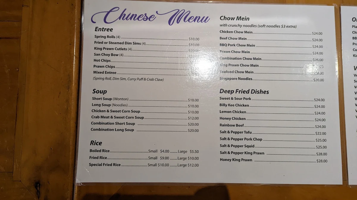 Menu, Star Hotel Milton