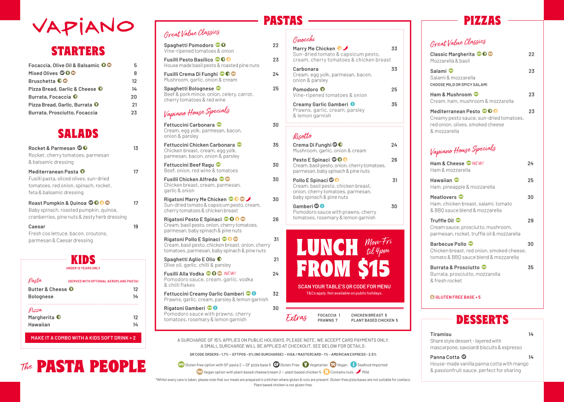 Menu, Vapiano Nicholas Street, Ipswich