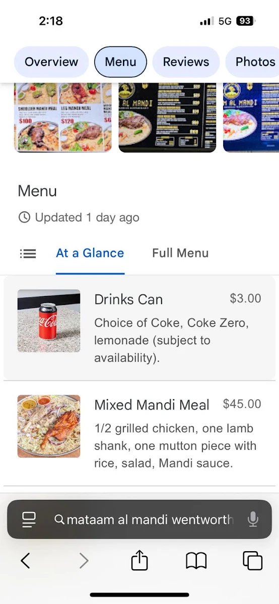 Menu, Mataam Al Mandi Wentworthville