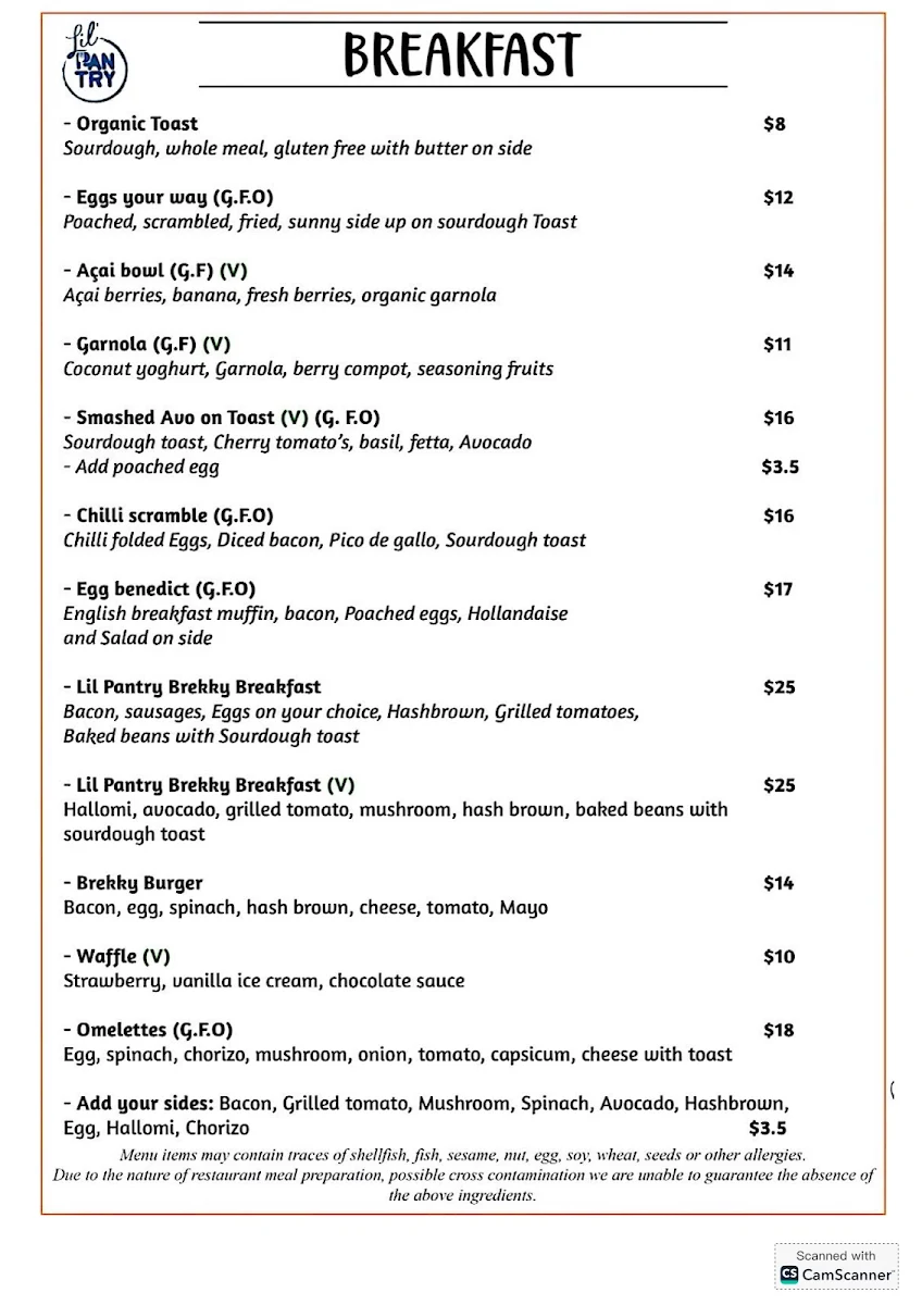 Menu, Lil Pantry