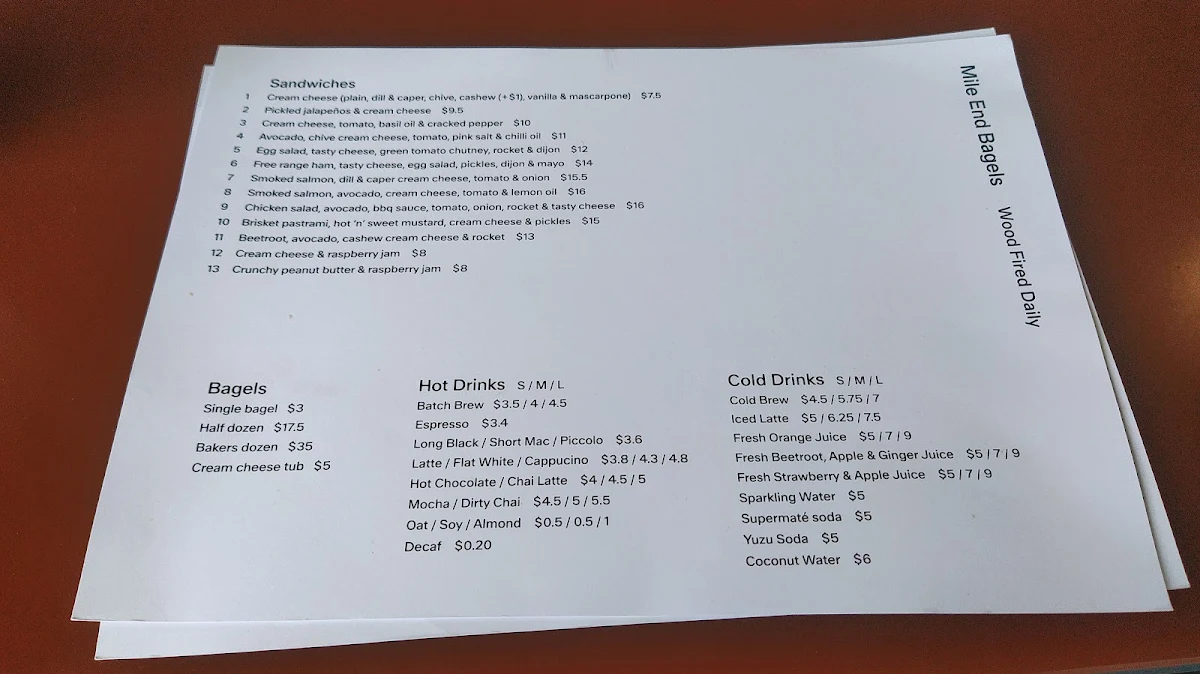 Menu, Mile End Bagels