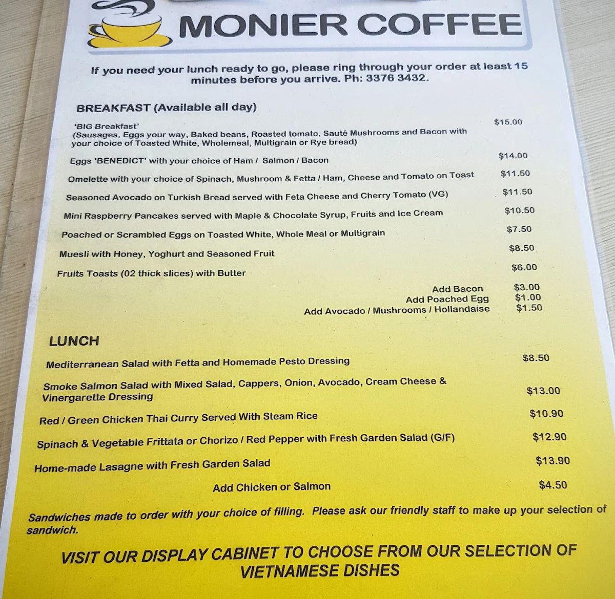 Menu, Monier Cafe