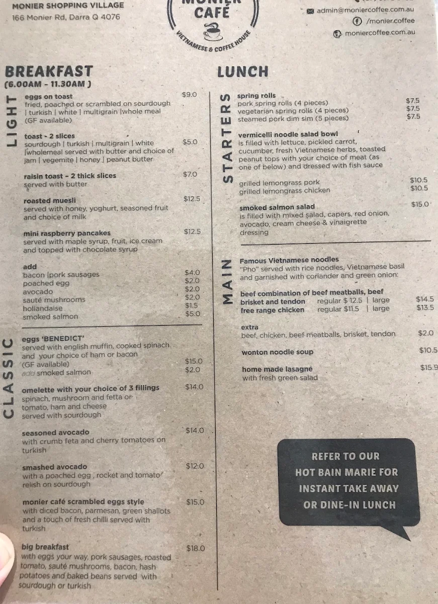 Menu, Monier Cafe