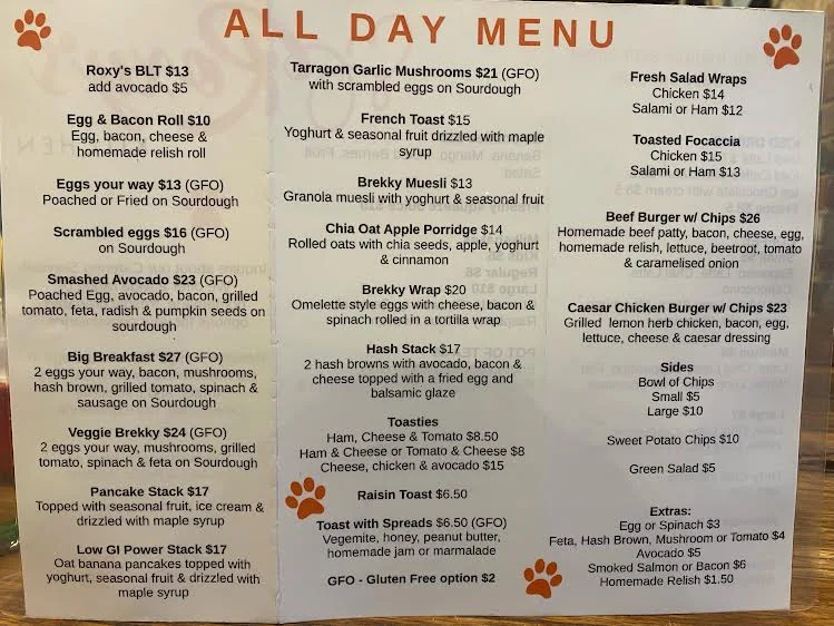 Menu, Roxy’s Kitchen