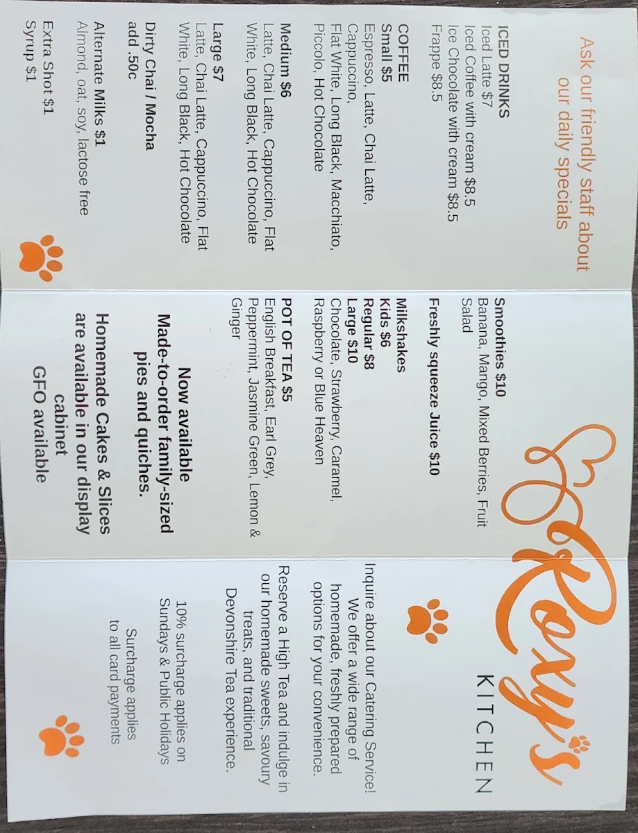 Menu, Roxy’s Kitchen