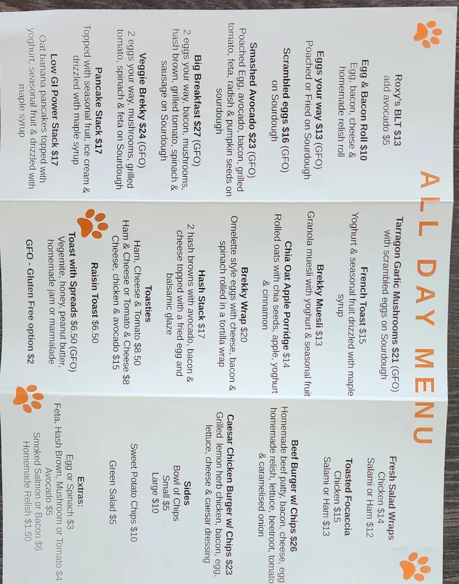 Menu, Roxy’s Kitchen
