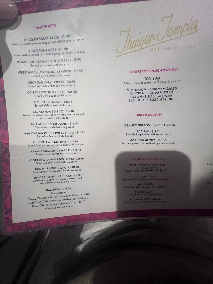 Menu, Thaiger Temple