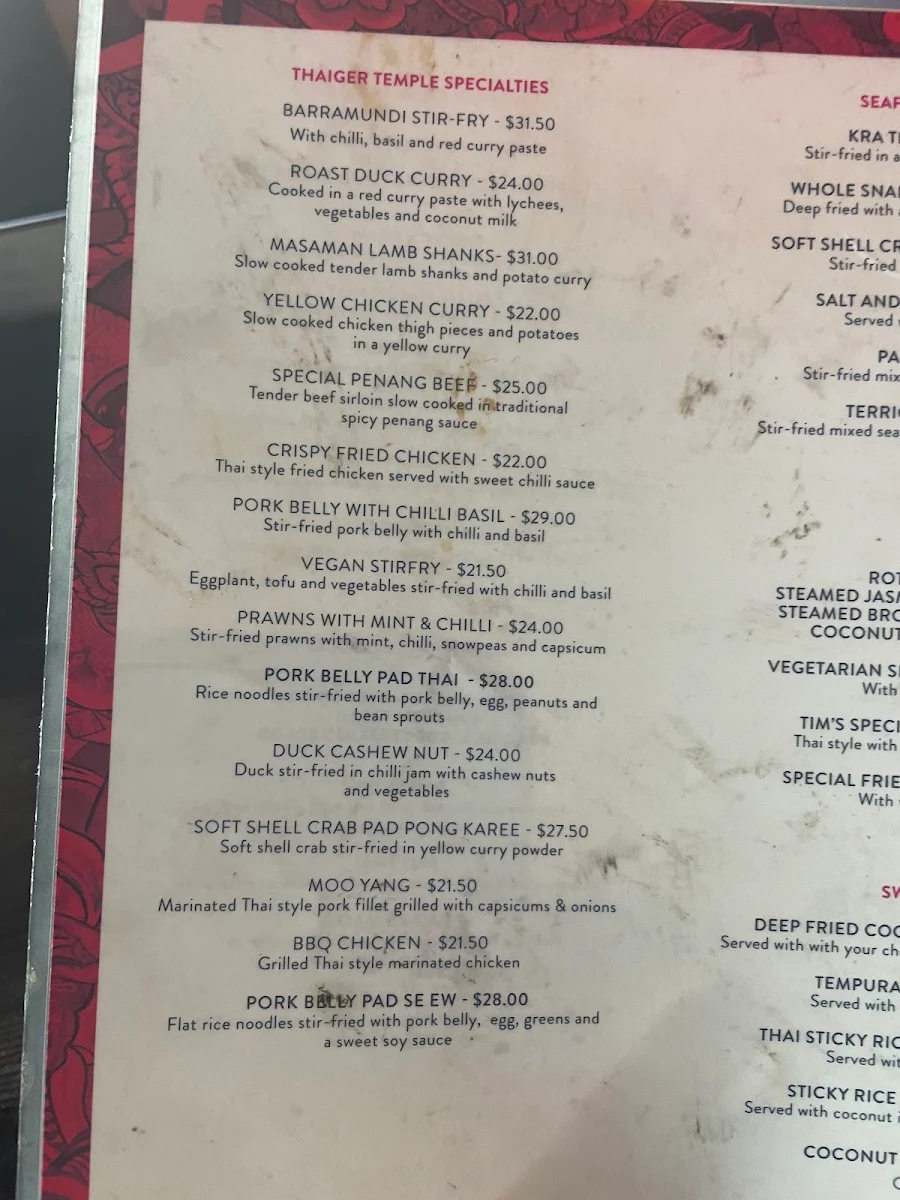 Menu, Thaiger Temple