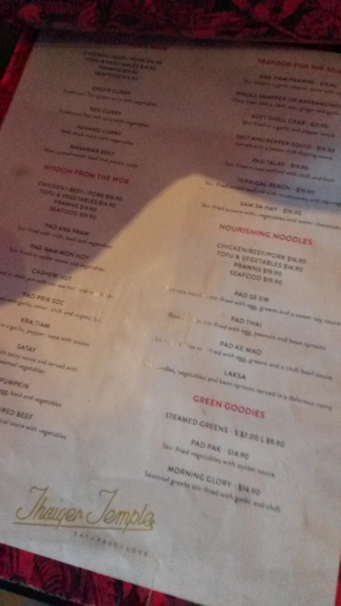 Menu, Thaiger Temple