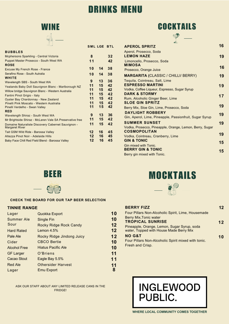 Menu, Inglewood Public