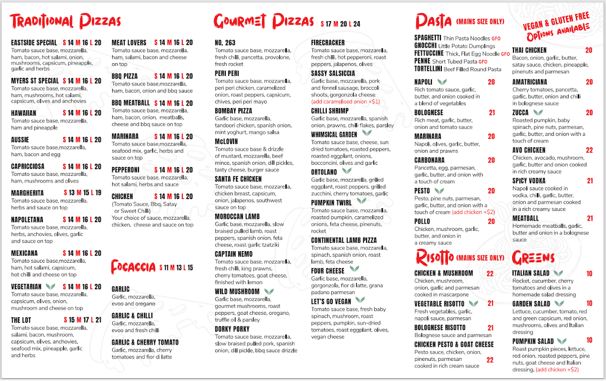Menu, Eastside Pizza & Pasta