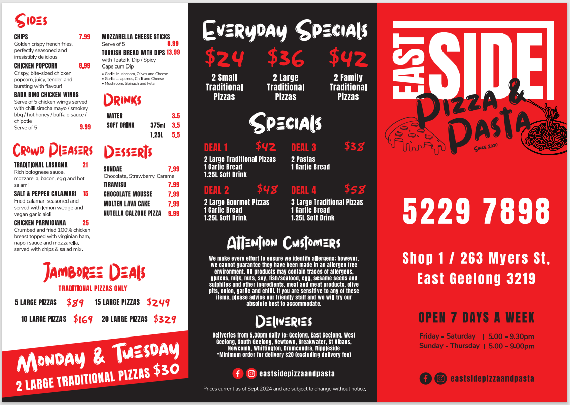 Menu, Eastside Pizza & Pasta