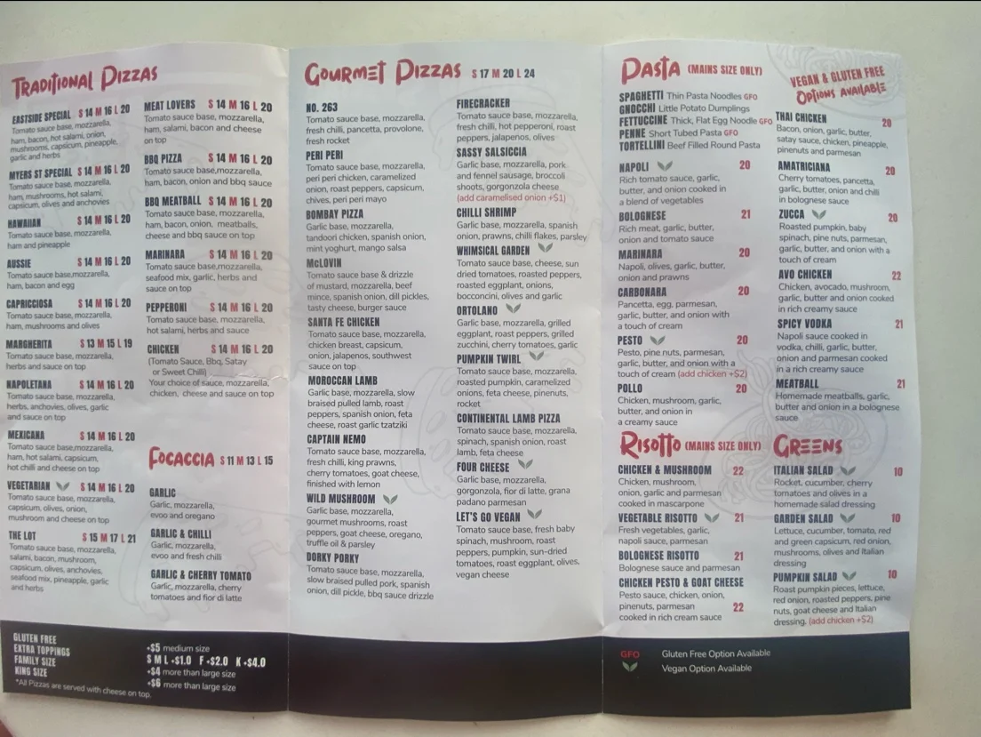 Menu, Eastside Pizza & Pasta