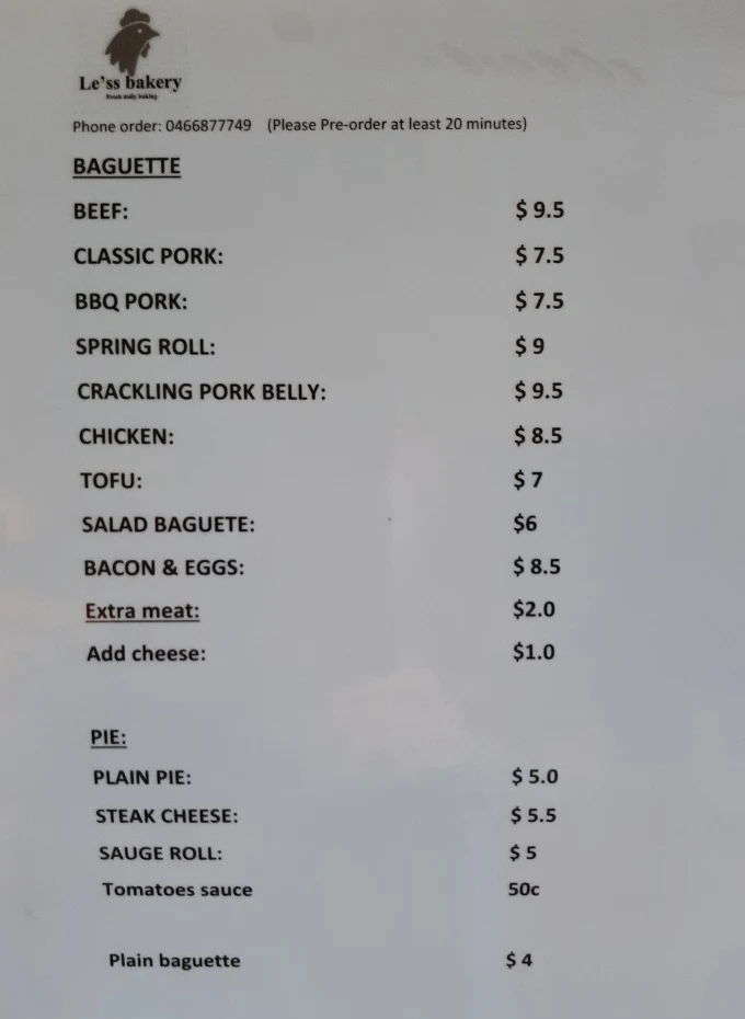 Menu, Le'ss Bakery