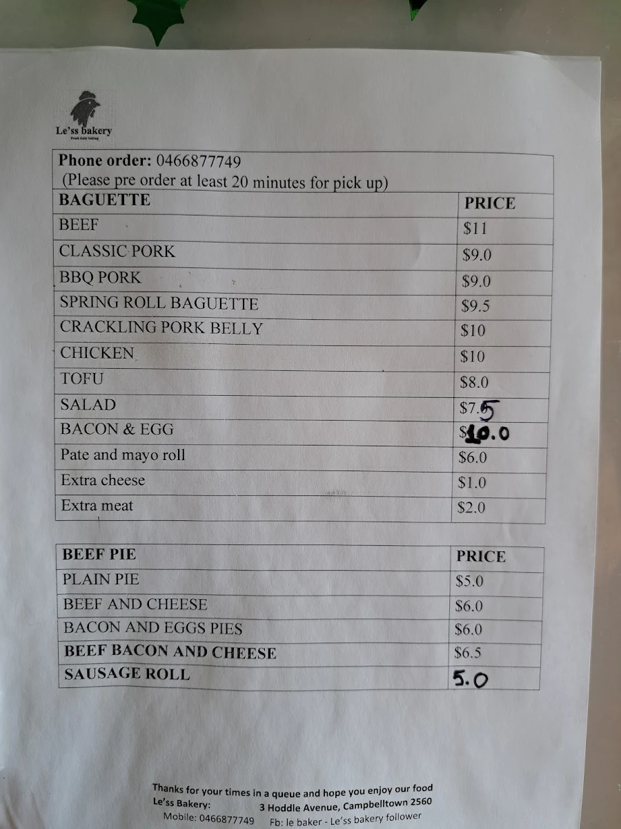 Menu, Le'ss Bakery