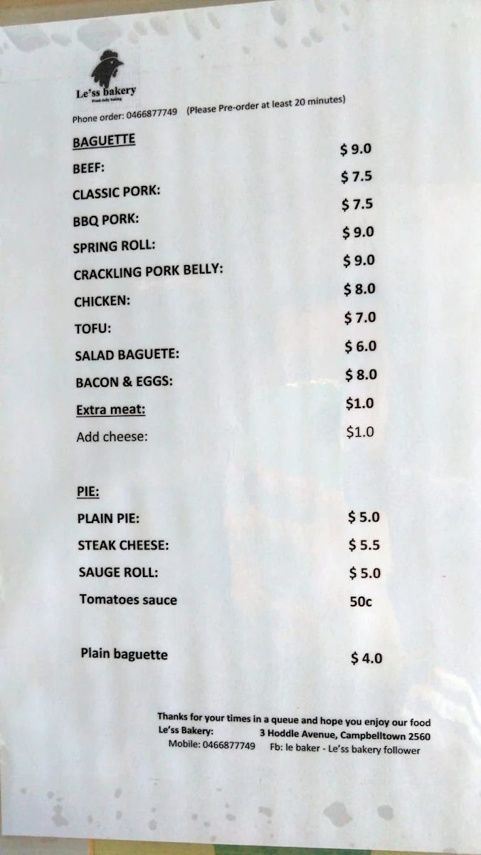 Menu, Le'ss Bakery