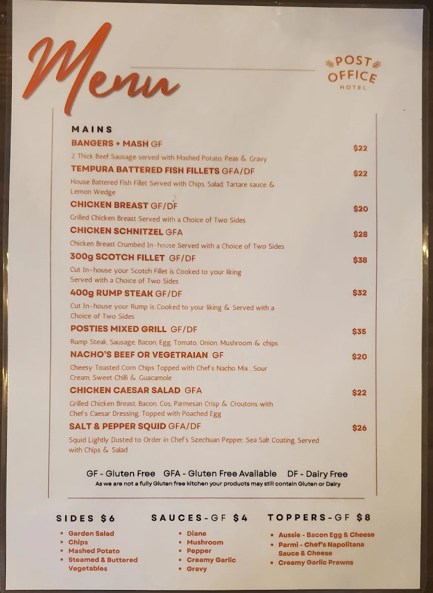 Menu, Post Office Hotel
