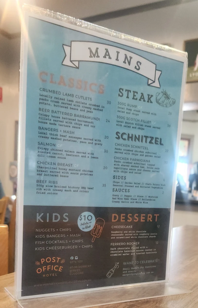 Menu, Post Office Hotel