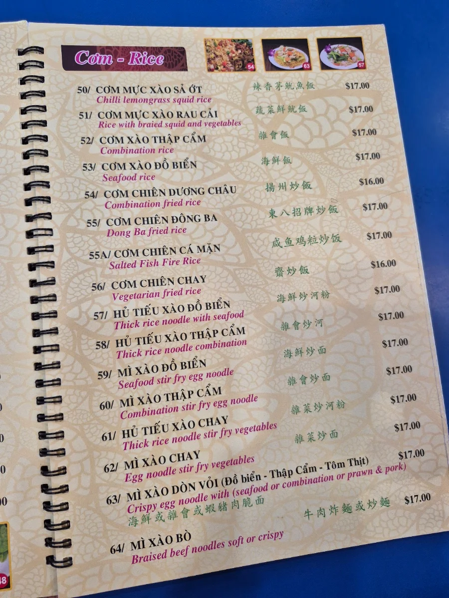 Menu, Dong Ba Restaurant