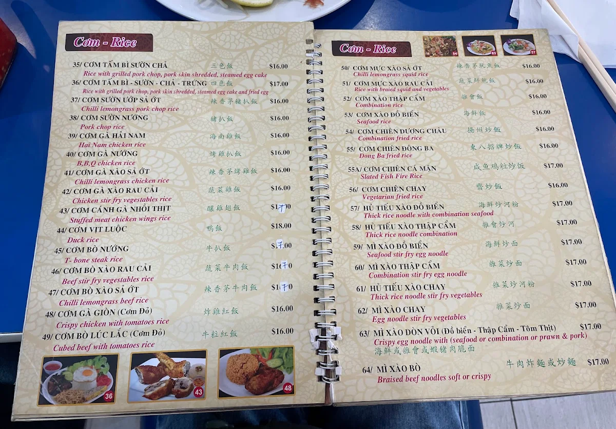 Menu, Dong Ba Restaurant
