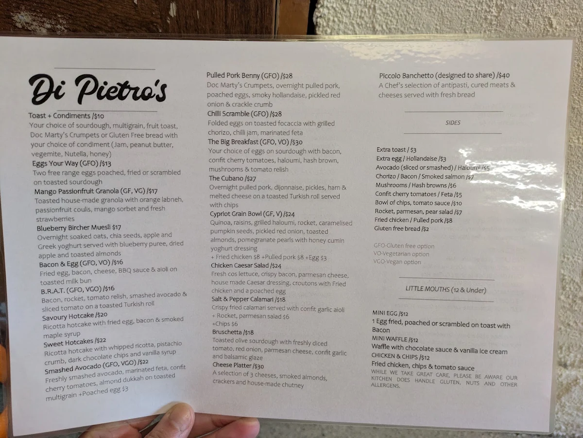 Menu, Di Pietro’s - Cafe