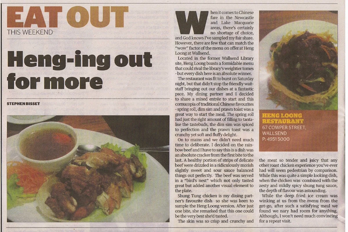 Menu, Heng Loong Restaurant
