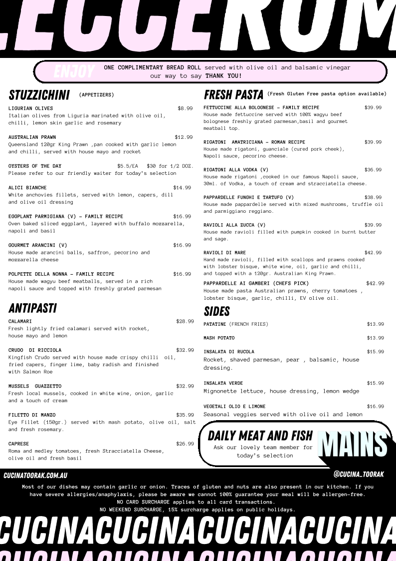 Menu, Cucina Toorak - Italian Restaurant Est.2022