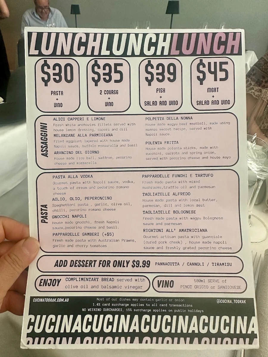 Menu, Cucina Toorak - Italian Restaurant Est.2022