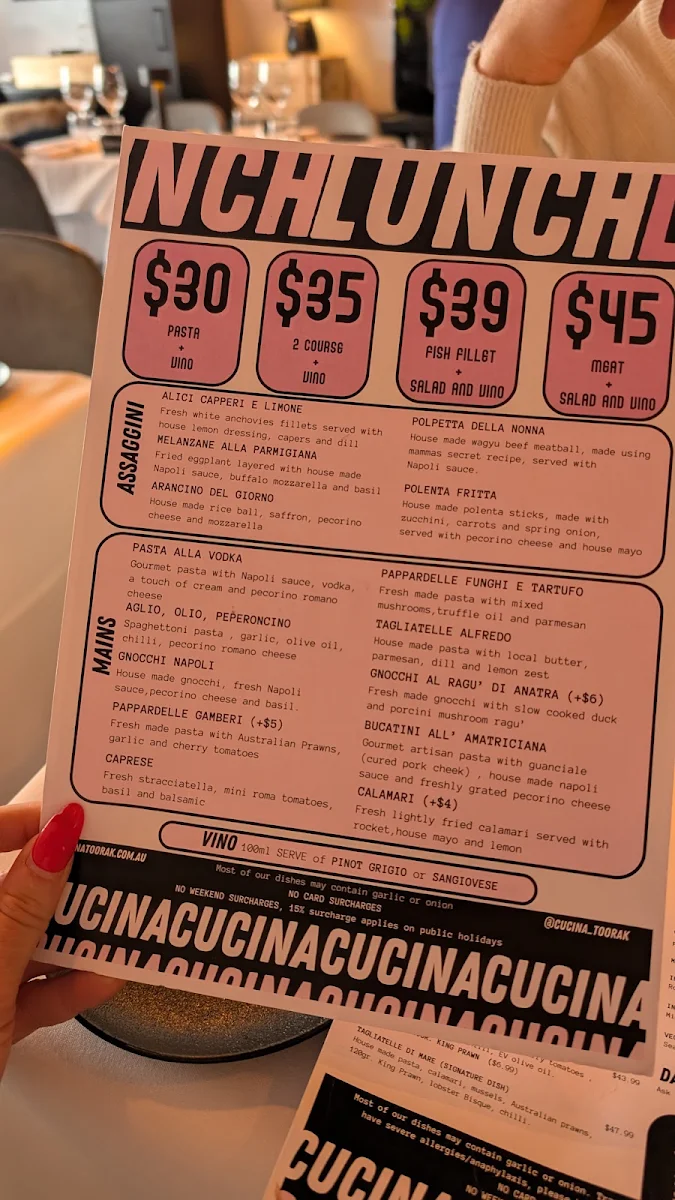 Menu, Cucina Toorak - Italian Restaurant Est.2022