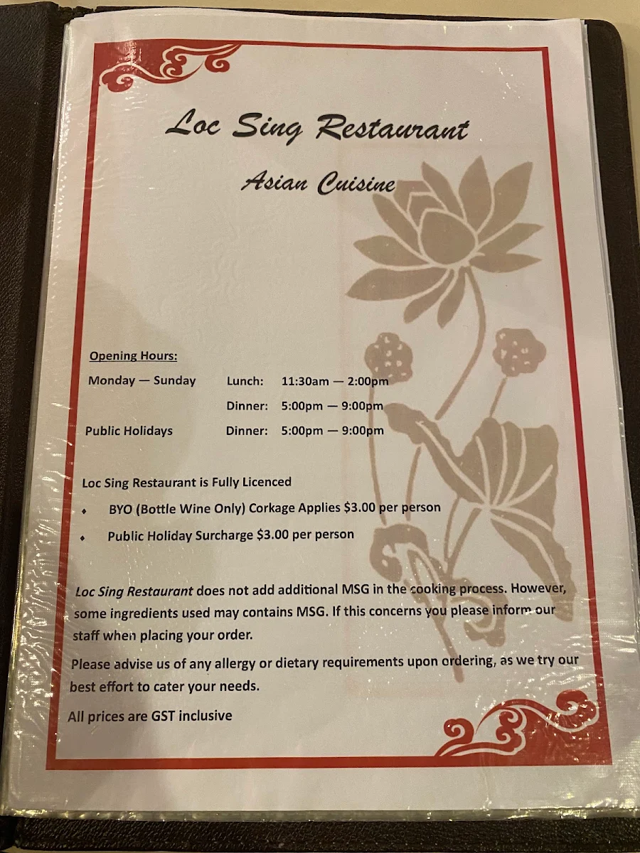 Menu, Loc Sing Restaurant