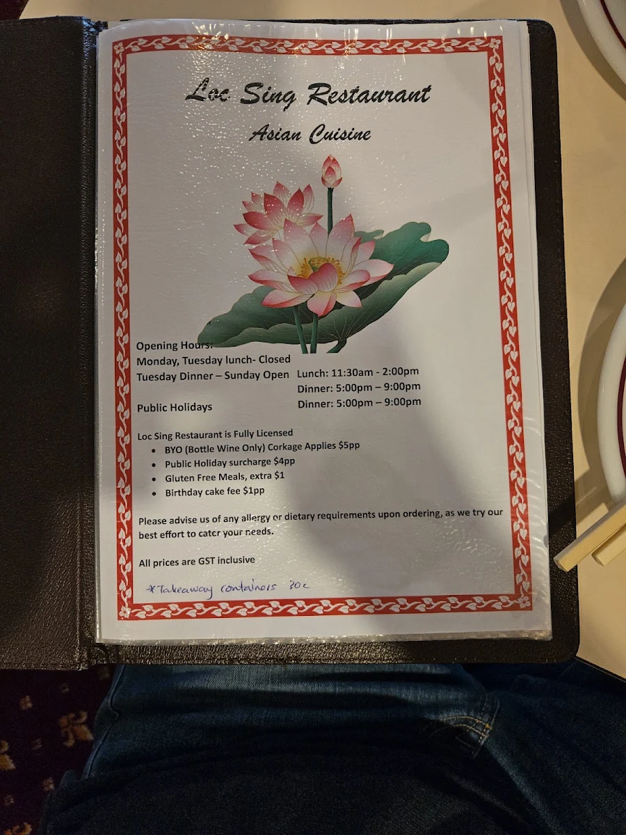 Menu, Loc Sing Restaurant
