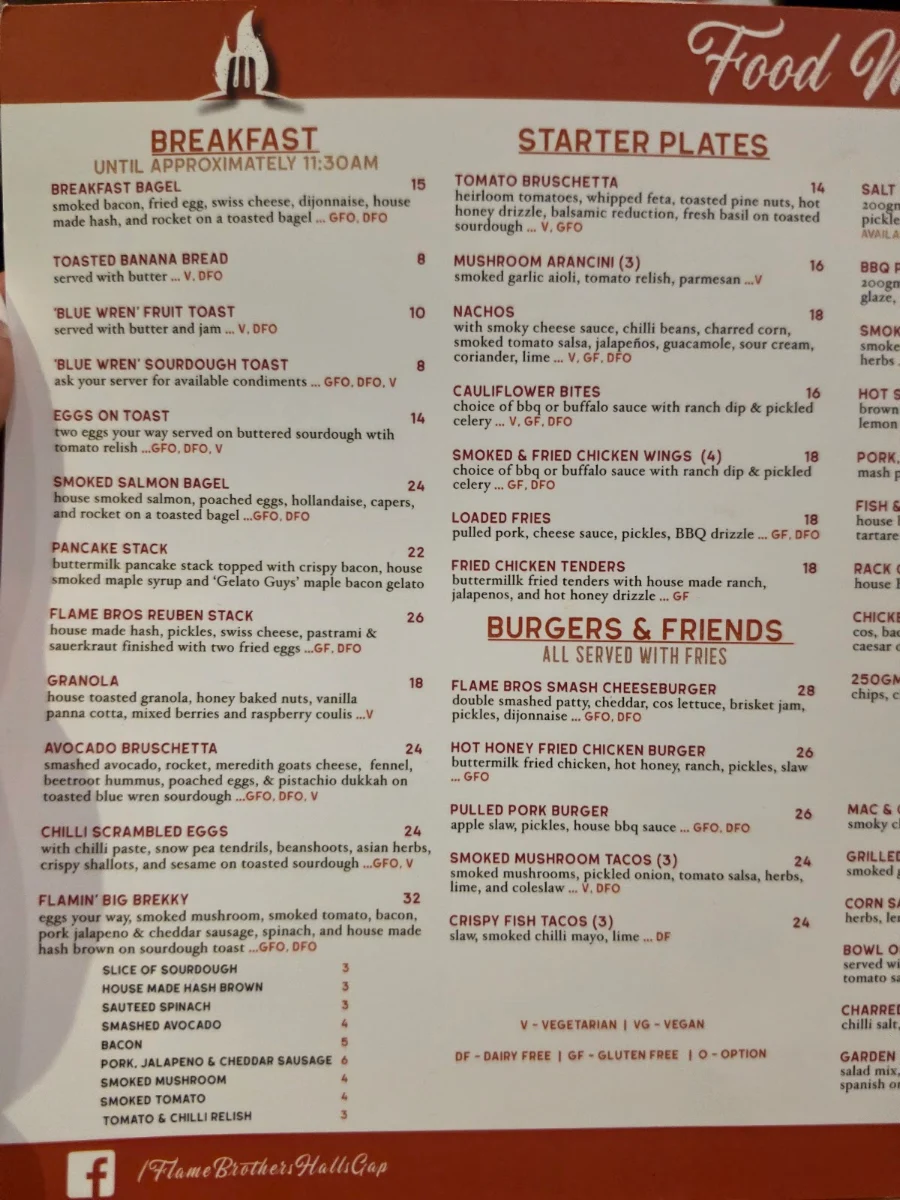 Menu, Flame Brothers Cafe Restaurant & Bar