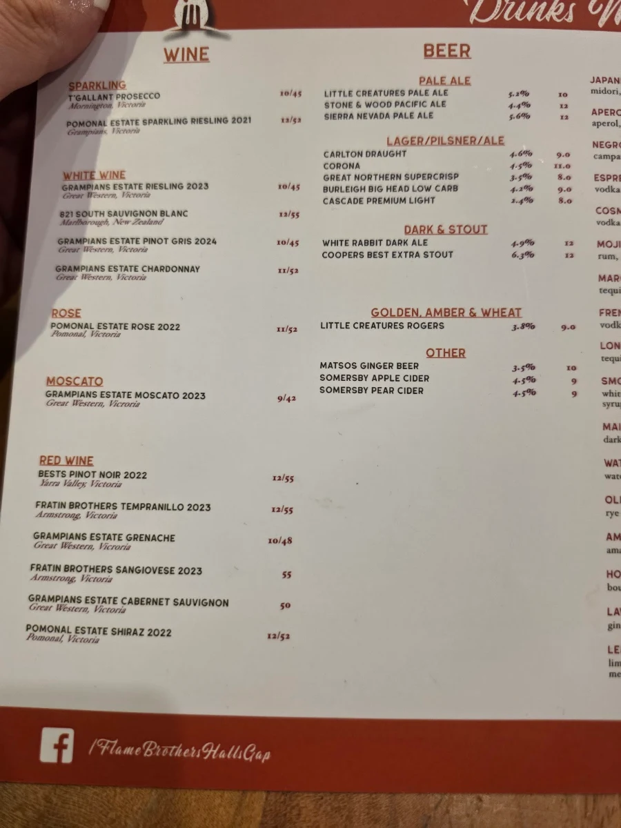 Menu, Flame Brothers Cafe Restaurant & Bar